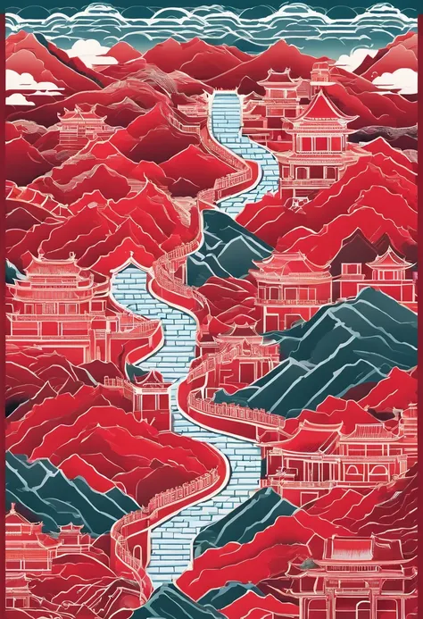 Great Wall of China, mountain peaks，closeup cleavage,In the style of paper art, painting of beautiful, A very complex masterpiece, Beautiful and intricate red masterpiece,