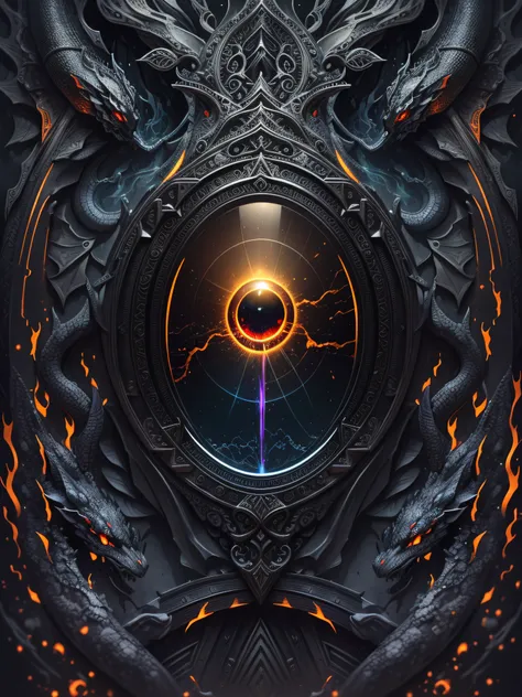 black smooth metallic monolith with multicolor dragon eye in the middle of a dark swamp, blood, portal, sunrise, fog, gold and petrol pattern, transparent, magic, science fiction, ai, trading derivatives, HDR, RGB, highly realistic, Volumetric light, auras...