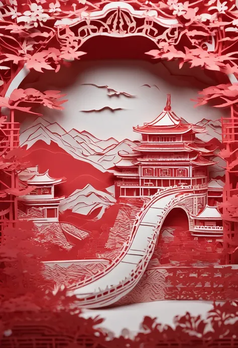 Great Wall of China, mountain peaks，closeup cleavage,In the style of paper art, painting of beautiful, A very complex masterpiece, Beautiful and intricate red masterpiece,