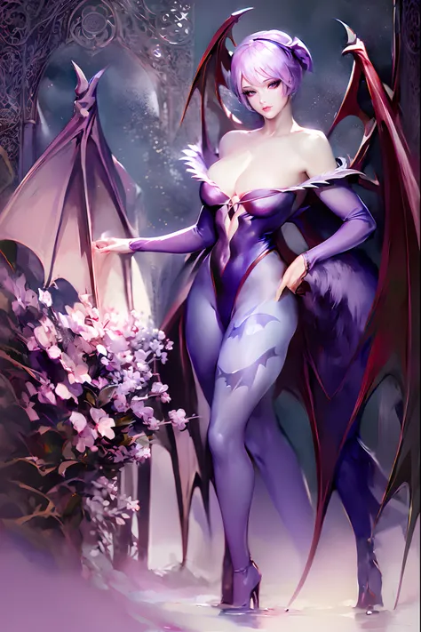 (best quality,masterpiece:1.2),intricate details,beautiful detailed eyes,beautiful detailed lips,extremely detailed eyes and face,longeyelashes,darkstalkers_lilith modeseven,super curvy,comic style,vibrant colors,standing,innocent, full body, standing