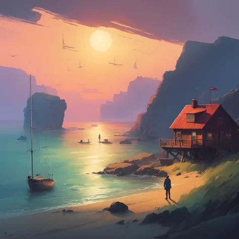 painting of a man standing on a beach next to a boat, by Aleksander Gine, andreas rocha style, inspired by Andreas Rocha, 4 k hd illustrative wallpaper, beautiful digital painting, 4k highly detailed digital art, the style of andreas rocha, concept art wal...