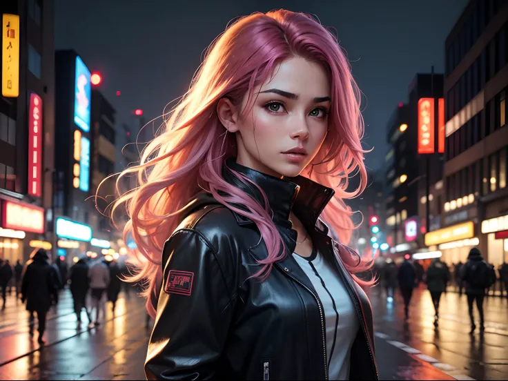 8k, Foto RAW, best quality, master part:1.2),(Realistic, photo-realistic:1.37),Tokyo street,Noite, chuva, Wet,Cityscape,Noite, CIDADE CYBERPUNK,luz suave,1girl,, rosto extremamente bonito,busto,put down hands,Hairstyle Random,random hair color,random expre...