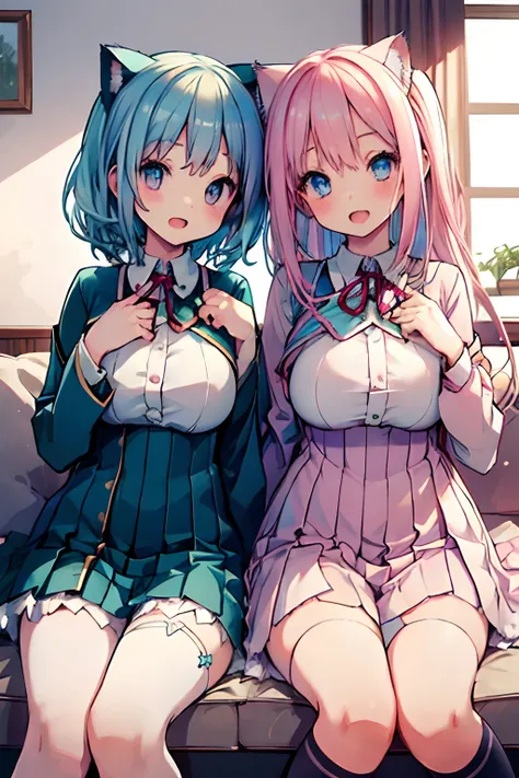 nsfw,two little beautiful girls,chest to chest,colossal tits,short light blue hair,pink eyes,light blue lolita,cat's ears,white ...