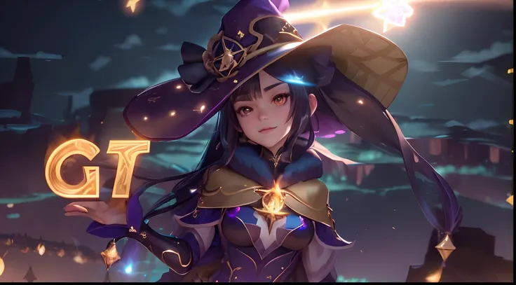 Distorted fantasy letters, Symmetrical, (Gold bars ), diamonds, Close-up of a man in a hat and with a wand in his hands, black - haired mage, ayaka genshin impact, portrait of a female mage, The Witch Girl, sky witch, The Magician Woman!, Popular Isekai an...