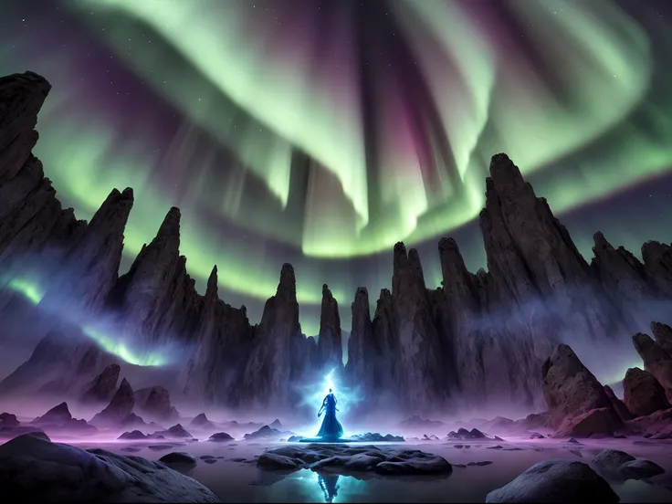 Prompt 4: Witness a captivating 3D depiction capturing a mystical moment in time, as a wizard delves into the depths of mesmerizing spellcasting. Against the backdrop of a sky ablaze with the ethereal beauty of an aurora borealis, the scene unfolds with th...