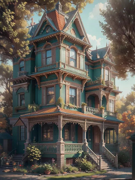 Victorian inspired three story house with a front garden. High definition, Photo detailed, specified, Watercolor, trending on artstation, sharp focus, studio photo, intricate details, highly detailed, 32k, vintage, photorealistic, sharpened, perfect detail...