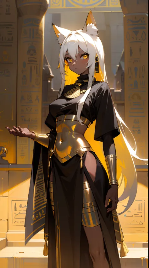 (Original Character,8k, Masterpiece, Best Quality,Detailed, Beautiful Detailed Eyes, solo),1girl ,20s,neutral face, egypt black ande golden outfit,medium tits,white hair,long hair,yellow eyes,Cat ears,((standing in a castle in egypt)),(colored skin,Extremy...