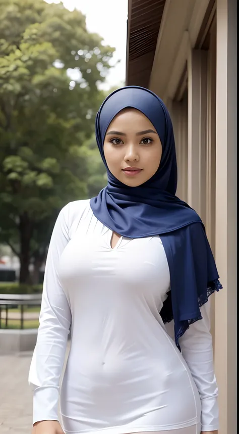 RAW, Best quality, high resolution, Masterpiece: 1.3), Beautiful Malay woman in hijab, Masterpiece, Perfect slim body, ((Big breasts)), Beautiful big eyes, Soft smile, Wearing a long, fine knit turtleneck t-shirt,Hair tie, morning walk, City park, Good lig...