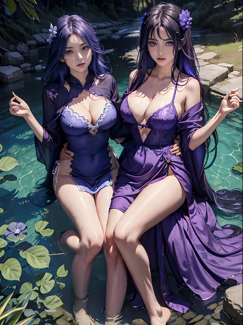 （star-shaped bule pupils，+_+，pupils in symbol shapes，sparkle eyes）），（Enrich the picture，Masterpiece level quality），Exquisite 8KCG artwork，Three goddess-like figures，Sit by the river，Postural exercises，Slim and soft，Translucent skin，Violet blue hair、The bea...