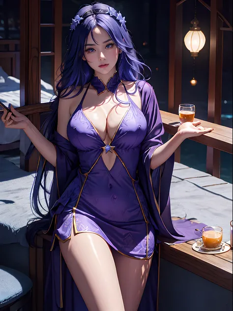 （star-shaped bule pupils，+_+，pupils in symbol shapes，sparkle eyes）），（Enrich the picture，Masterpiece level quality），Exquisite 8KCG artwork，Three goddess-like figures，Sit by the river，Postural exercises，Slim and soft，Translucent skin，Violet blue hair、The bea...