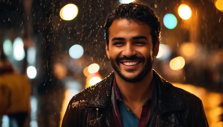 "(best quality, highres:1.2), joyful man in the rain, vibrant colors, raindrops dripping off his face, wet hair and clothes, smiling face, rain-soaked streets, city lights reflecting on the pavement, surreal atmosphere, street photography, bokeh lights, a ...