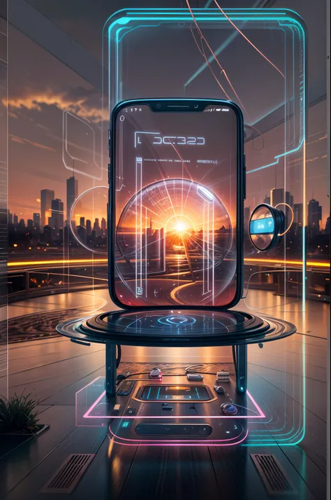 Image of a design a phone in the future, a smartphone as a hard light structure, holographic hard light screen, the scene shows different apps, futuristic technology