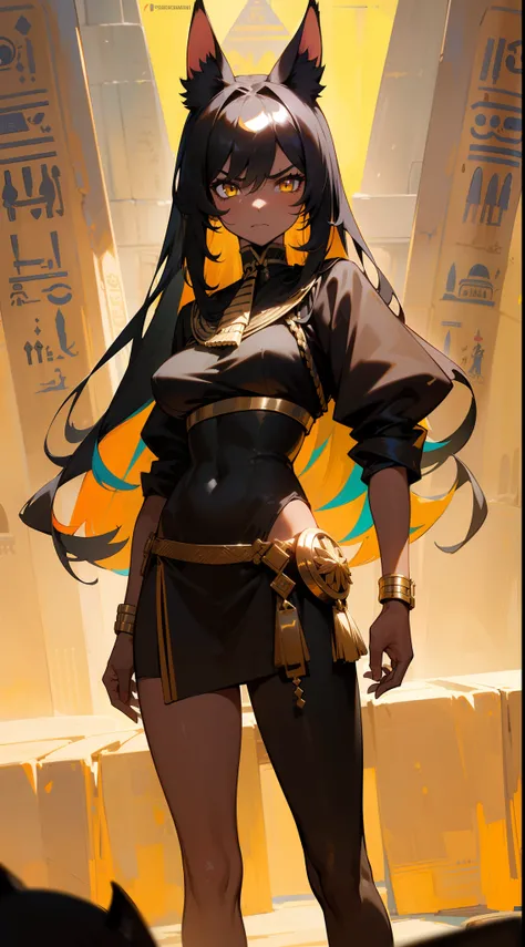 (Original Character,8k, Masterpiece, Best Quality,Detailed, Beautiful Detailed Eyes, solo),1girl ,20s,angry face, egypt black ande golden outfit,medium tits,black hair,long hair,yellow eyes,Cat ears,((standing in a castle in egypt)),(colored skin,Extremy b...