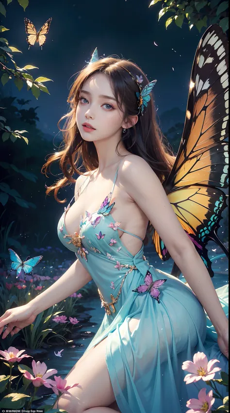 A woman with butterfly wings, Beautiful detailed eyes, Vibrant colors, Exquisite features, posing elegantly, Ethereal lighting, Fantasy artwork, A high resolution, Vivid colors, Magical atmosphere, style of surrealism, dreamlike landscapes, Soft focus, whi...