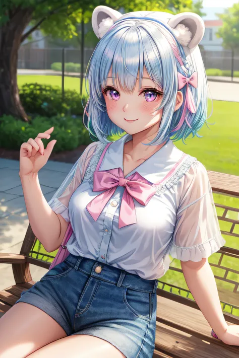 masutepiece, Best Quality, ultra-detailliert, hight resolution, extremely details CG, Face Focus, 1girl in, early teen, (Pale blue hair and pink eyes), White sheer shirt, Simple shirt without ribbon, bulging short sleeves, Dark blue shorts, Fluffy animal e...