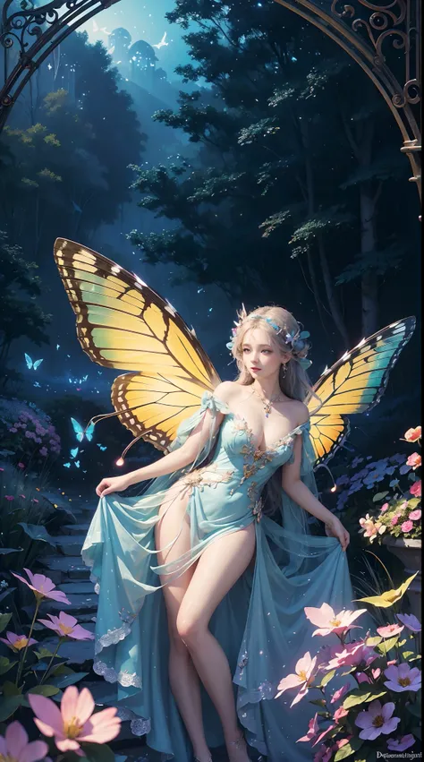 A woman with butterfly wings, Beautiful detailed eyes, Vibrant colors, Exquisite features, posing elegantly, Ethereal lighting, Fantasy artwork, A high resolution, Vivid colors, Magical atmosphere, style of surrealism, dreamlike landscapes, Soft focus, whi...