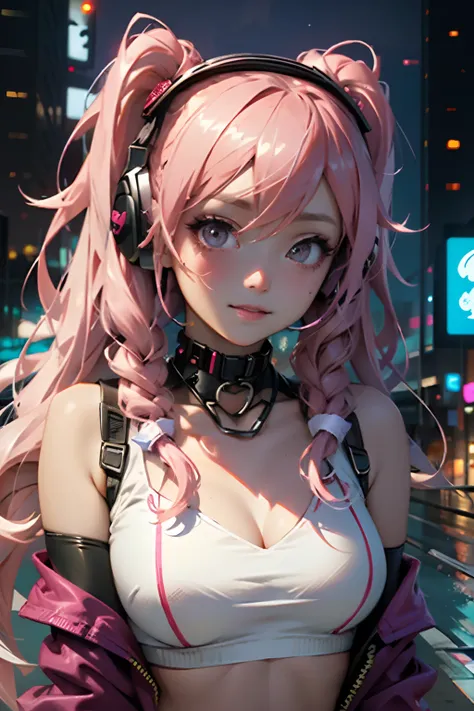 Beautiful woman pink twin tail long hair、cyberpunk style short clothes、Heart-shaped choker、headphones、gazing at viewer、front facing、A slight smil、London cityscape