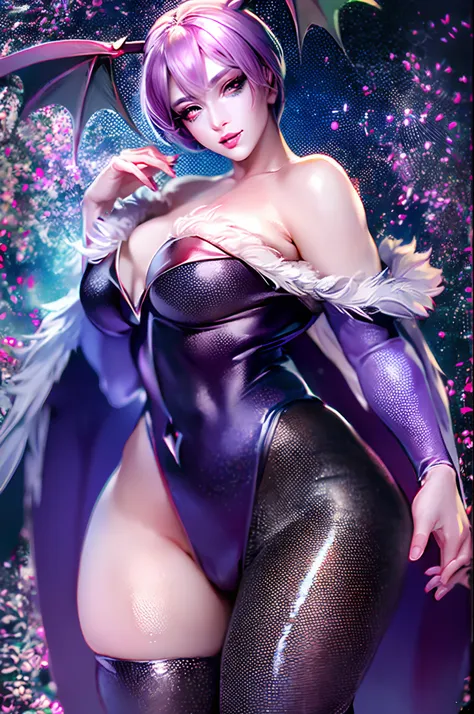 (best quality,masterpiece:1.2),intricate details,beautiful detailed eyes,beautiful detailed lips,extremely detailed eyes and face,longeyelashes,darkstalkers_lilith modeseven,super curvy,comic style,vibrant colors,standing,innocent, full body, standing, smi...