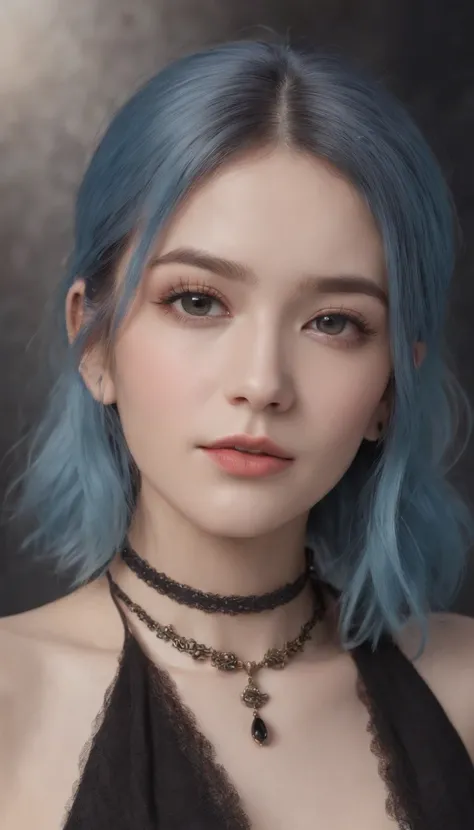 masterpiece, best quality,3d rending work ,3DMM style,close-up,portrait, 3D,1girl, solo, multicolored hair, blue hair, black hair, necklace, freckles, jewelry, two-tone hair, looking to the side, realistic, upper body, simple background, bangs, looking awa...