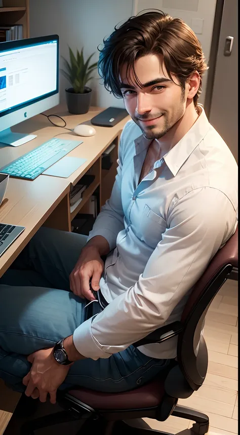 A man who is sitting on a computer desk and looking in the camera little smile on face