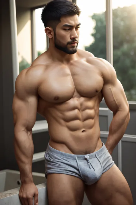 disconsolate，Ambient，artistic conception，large scene，Armpit hairy，Hands tied behind his back，Strong arm muscles，Handsome Asian stubble handsome，diffuse light，beefy pectorals，Shirtless, stubbles, Sideburns, strong muscle, Strong handsome guy，body builder，Ju...