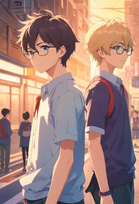 Two high school boys are standing and having a conversation。japanese hight school uniform、Im wearing a school run。One of them had dyed blonde hair.、I dont wear glasses。The other has black hair.、Im a nerd with glasses。Both of them are Japan。The blonde boy i...