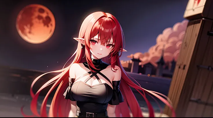 Anime Demon Girl, red hair, lange haare, wears a black dress, white belt, red eyes, shining eyes, blood moon backround, night