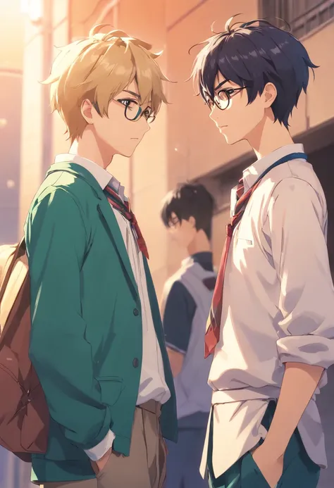 Two high school boys are standing and having a conversation. They are wearing Japanese high school uniforms, the gakuran. One has dyed blond hair and does not wear glasses. The other has dark hair, wears glasses, and looks like a nerd. Both are Japanese. T...