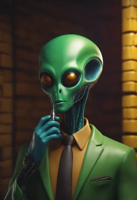 alien creating, idea, very detailed, alien talking on the cell phone, details, background with a brick wall, humanoid creating an idea, alien in a suit, alien having an idea, full body, very colorful, realistic, with details, seen from the front , very col...