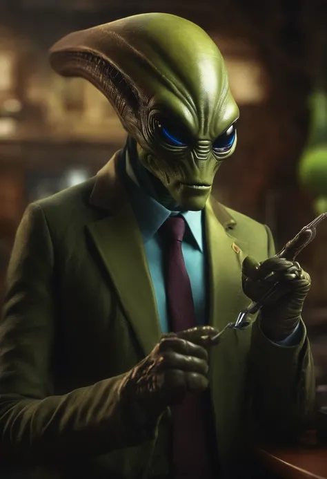 alien creating, idea, very detailed, alien talking on the cell phone, details, background with a brick wall, humanoid creating an idea, alien in a suit, alien having an idea, full body, very colorful, realistic, with details, seen from the front , very col...