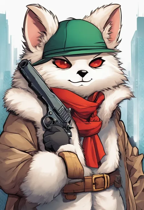 furs, Shota the furry, shota, White fur, Red Eyes, Cute, No time, Bold face, holding a handgun, Wearing a hat,