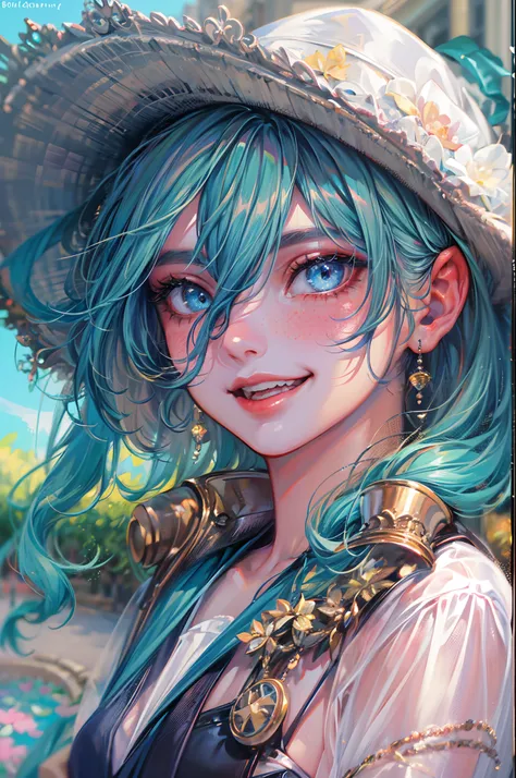 full body,Masterpiece, best quality, high quality, very detailed CG uniform 8k wallpaper, 1girl, solo, blue hair, tattoo, short hair, hat, jewelry, smile, necklace, looking at the audience, hat, realistic, open mouth, teeth, upper body, vest, nose, bare sh...