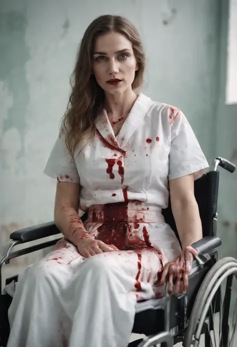 young woman nurse in wheelchair in abandoned hospital covered in blood, focus on whole body, horror scene