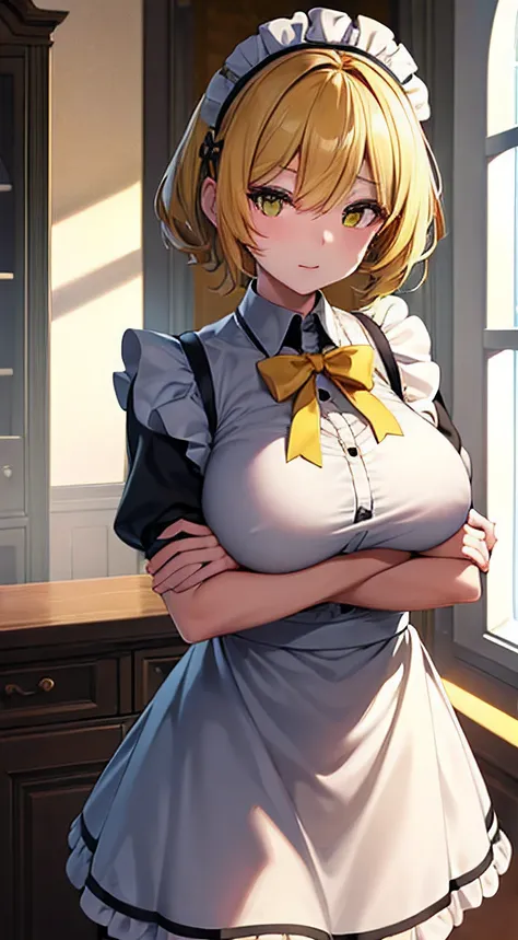 best quality, high_resolution, distinct_image,1 girl,covered big breast, short yellow hair, yellow eye, maid dress, crossed arm,