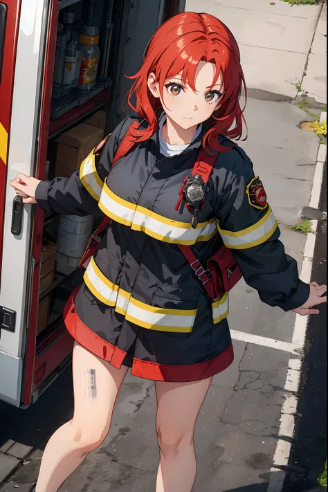 firefighter girl with red shotr hair