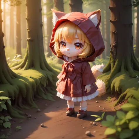 Chibi 3D)))灰色の狼🐺がいる。There is a cute and beautiful little Little Red Riding Hood。Lined up in a deep forest。