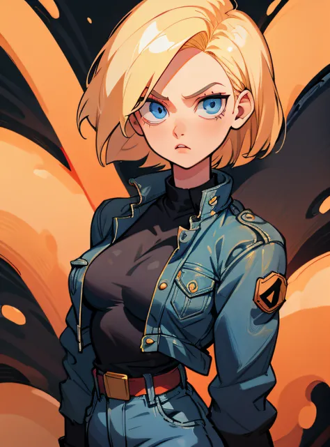 android 18, blue eyes, blonde hair, short hair, denim jacket, black shirt, medium breasts