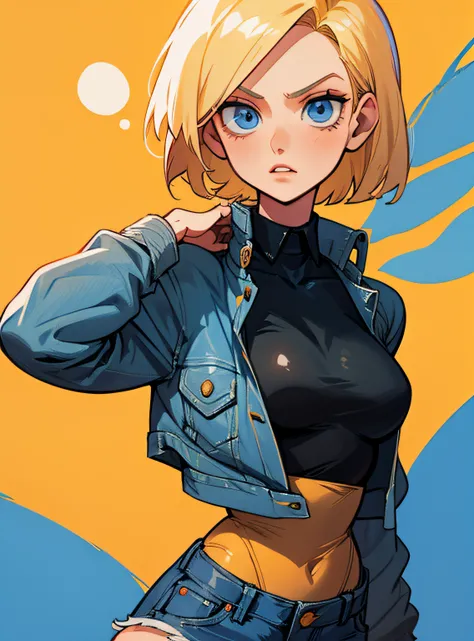 android 18, blue eyes, blonde hair, short hair, denim jacket, black shirt, medium breasts