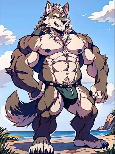 Human-wolf，musculous，Hairy all over，clawed paws，erect through