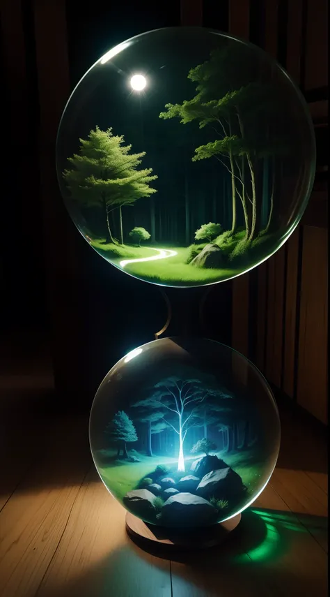 Fantasy forest in a glass sphere, neonlight, Realistic, Glow