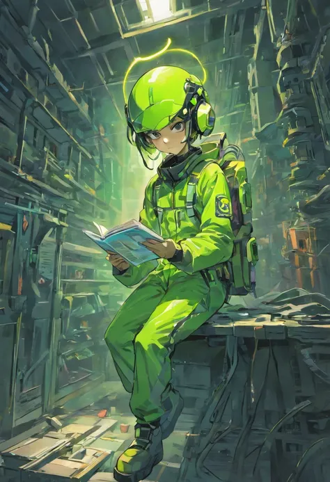 a wide shot of an alien reading a blueprint; idea; very detailed, alien talking on a cell phone; details; background with building under construction, humanoid with an idea, alien having an idea, full body, very colorful, cartoon style, with details, seen ...