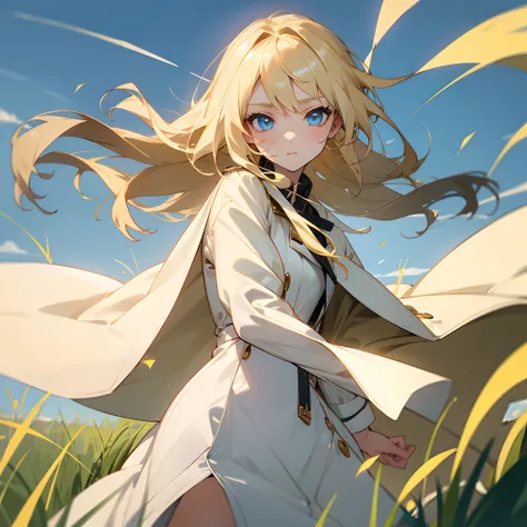 one-girl，blond hairbl，Fair skin，Dull hair，Light blue eyes，Gold trench coat，There is a white dress inside，The trench coat flutters in the wind，surrounded by grassy areas