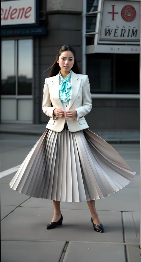 1991, very (seductive:1,9) (happy:1,8) young girl wearing short blazer and very very detailed (long (fully pleated) full circle skirt) and (simple) low heeled office shoes, very very intricate hyper-detailed symmetric (attractive graceful young feminine fa...