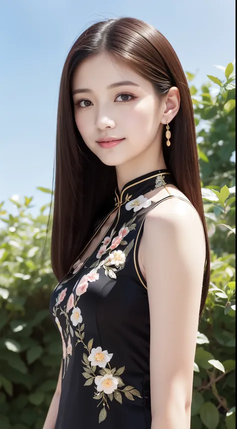 there is an ancient palace next to the girl，An extremely delicate and beautiful girl，realisticlying，unbelievable Ridiculous，abstract artistic，From hips to shoulders，Catch，Extremely detailed body，woman，年轻，20yr old，Short black Hong Kong style hair，，Floating ...