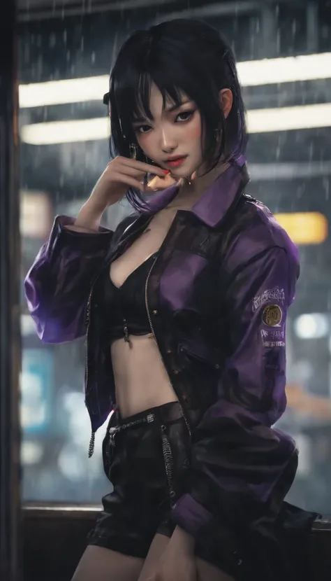 japanaese girl,pale skin,beatiful face(purple hair)red jacket,Tokyo at night, with Cyberpunk style,Japanese streetwear,Tokyo Fashion,In a Cyberpunk 2 jacket 0 7 7,Full-length,attractive pose,Bottom view,Araffe woman in black dress and black hat posing for ...