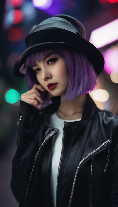 japanaese girl,pale skin,beatiful face(purple hair)red jacket,Tokyo at night, with Cyberpunk style,Japanese streetwear,Tokyo Fashion,In a Cyberpunk 2 jacket 0 7 7,Full-length,attractive pose,Bottom view,Araffe woman in black dress and black hat posing for ...