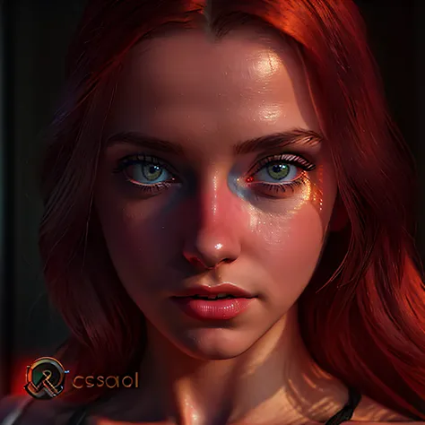 Mulher loira com olhos vermelhos e batom vermelho em um quarto escuro, Retrato CGSetivity, deviantart Art station cgscosiety, Arte digital realista 4K, Arte digital realista 4K, Cinematic realistic portrait, realistic face moody lighting, cinematic portray...