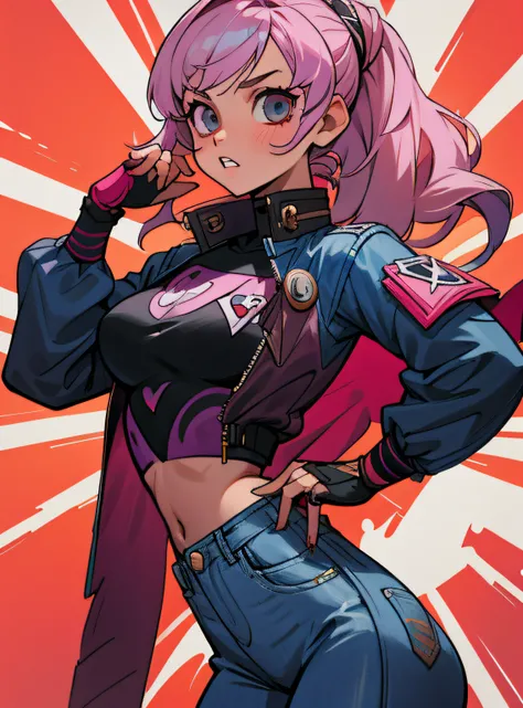 Alisa bosconovitch, olhos azuis, cabelo Rosa, cabelo curto, jaqueta jeans, camisa preta, middlebreasts, tekken