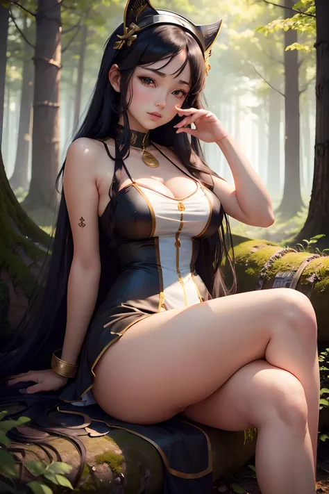 (masterpiece, best quality), 1 sexy(nsfw) woman(Athena_Asamiya), cute dress, long black hair, sitting, beautiful outdoor background, night, forest