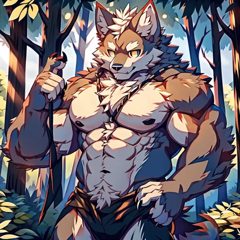 Human-wolf，musculous，Hairy all over，clawed paws，erect through，ln the forest